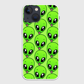 Чехол для iPhone 13 mini с принтом Инопланетяне в городе Новоалтайск,  |  | Тематика изображения на принте: детская | зелёный человек | инопланетяне | инопланетянин | кислотно зеленая | летняя | лето | нло | пришелец | пришельцы | солнце | язык