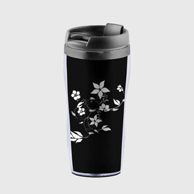 Термокружка-непроливайка с принтом Цвета цветов черное в городе Новоалтайск, внутренняя часть — пищевой пластик, наружная часть — прозрачный пластик, между ними — полиграфическая вставка с рисунком | объем — 350 мл, герметичная крышка | black | colors | flowers | grape | plant | виноград | растение | цвета | цветов | черное