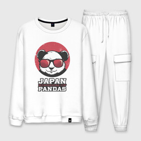 Мужской костюм хлопок с принтом Japan Kingdom of Pandas в городе Новоалтайск, 100% хлопок | на свитшоте круглая горловина, мягкая резинка по низу. Брюки заужены к низу, на них два вида карманов: два “обычных” по бокам и два объемных, с клапанами, расположенные ниже линии бедра. Брюки с мягкой трикотажной резинкой на поясе и по низу штанин. В поясе для дополнительного комфорта — широкие завязки | art | japanese | panda | retro look | style | vintage look | арт | винтаж | винтажный стиль | кингдом | королевство | королевство панд | крутая панда в очках | панда | пандочка | ретро стиль | рисунок панды | япония | 