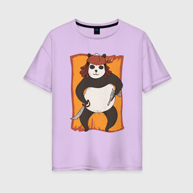 Женская футболка хлопок Oversize с принтом Панда Пират Panda Pirate в городе Новоалтайск, 100% хлопок | свободный крой, круглый ворот, спущенный рукав, длина до линии бедер
 | funny panda | gun | gunner | guns | parody | pirate art | pistol | shooting panda | арт с пиратом | капитан пиратов | панда с пистолетами | панда стрелок | пандочка | пародия | пиратский арт | пиратский рисунок | прикол | смешная панд