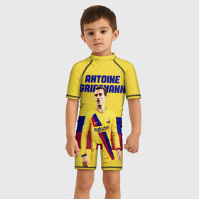 Детский купальный костюм 3D с принтом ANTOINE GRIEZMANN   ГРИЗМАНН в городе Новоалтайск, Полиэстер 85%, Спандекс 15% | застежка на молнии на спине | antoine griezmann | barcelona | football | sport | антуан гризманн | барселона | номер 7 | сборная франции | спорт. | футбол