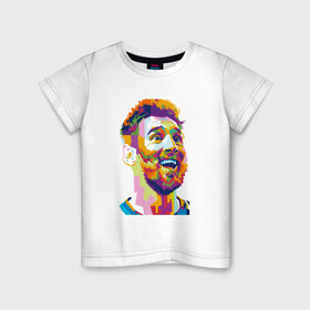 Детская футболка хлопок с принтом Messi Smile в городе Новоалтайск, 100% хлопок | круглый вырез горловины, полуприлегающий силуэт, длина до линии бедер | Тематика изображения на принте: argentina | barca | barcelona | football | lionel | messi | spain | sport | аргентина | барса | барселона | гол | золотой мяч | игрок | испания | камп ноу | лионель | месси | мяч | спорт | тренер | футбол | чемпион | чемпионат