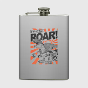 Фляга с принтом ROAR Tokyo T-rex в городе Новоалтайск, металлический корпус | емкость 0,22 л, размер 125 х 94 мм. Виниловая наклейка запечатывается полностью | Тематика изображения на принте: dino | rex | roar | t rex | дино | динозавр | динозавры
