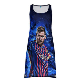 Платье-майка 3D с принтом Lionel Messi | Barcelona | 10 в городе Новоалтайск, 100% полиэстер | полуприлегающий силуэт, широкие бретели, круглый вырез горловины, удлиненный подол сзади. | 10 | argentina | barcelona | fc | fifa | footbal | leo | lionel | messi | soccer | аргентина | барселона | лео | лига | лионель | месси | мяч | мячик | поле | спорт | форма | футбол | футболист | футбольная | футбольный | чемпион