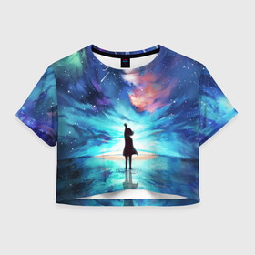 Женская футболка Crop-top 3D с принтом Дотянуться до космоса в городе Новоалтайск, 100% полиэстер | круглая горловина, длина футболки до линии талии, рукава с отворотами | вода | девушка | дотянуться до космоса | космос | небо