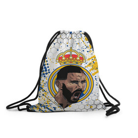 Рюкзак-мешок 3D с принтом КАРИМ БЕНЗЕМА / REAL MADRID в городе Новоалтайск, 100% полиэстер | плотность ткани — 200 г/м2, размер — 35 х 45 см; лямки — толстые шнурки, застежка на шнуровке, без карманов и подкладки | Тематика изображения на принте: football | grunge. | karim mostafa benzema | real madrid | sport | брызги | карим бензема | реал мадрид | сборная франции | спорт | футбол