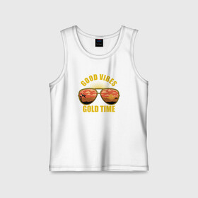 Детская майка хлопок с принтом Good vibes gold time в городе Новоалтайск,  |  | beach | good vibes gold time | palm | sea | summer | tropical | вайб | волны | жара | золотое время | летние | лето | море | очки | пальмы | пляж | тропический