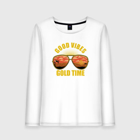 Женский лонгслив хлопок с принтом Good vibes gold time в городе Новоалтайск, 100% хлопок |  | beach | good vibes gold time | palm | sea | summer | tropical | вайб | волны | жара | золотое время | летние | лето | море | очки | пальмы | пляж | тропический