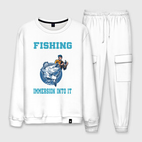 Мужской костюм хлопок с принтом FISHING PLANET Рыбалка в городе Новоалтайск, 100% хлопок | на свитшоте круглая горловина, мягкая резинка по низу. Брюки заужены к низу, на них два вида карманов: два “обычных” по бокам и два объемных, с клапанами, расположенные ниже линии бедра. Брюки с мягкой трикотажной резинкой на поясе и по низу штанин. В поясе для дополнительного комфорта — широкие завязки | fish | карп | лето | отдых | поклев | рыба | рыбалка | рыболов | спиннинг | удилище | удочка