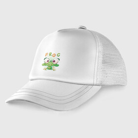 Детская кепка тракер с принтом Funny frog в городе Новоалтайск, Козырек - 100% хлопок. Кепка - 100% полиэстер, Задняя часть - сетка | универсальный размер, пластиковая застёжка | Тематика изображения на принте: cute | frog | funny | лягух | лягушенок | лягушка | милый