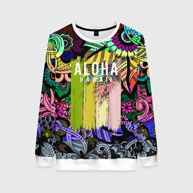 Женский свитшот 3D с принтом АЛОХА ГАВАЙИ | ALOHA HAWAII в городе Новоалтайск, 100% полиэстер с мягким внутренним слоем | круглый вырез горловины, мягкая резинка на манжетах и поясе, свободная посадка по фигуре | Тематика изображения на принте: aloha | hawaii | гаваи | гаваии | гавайи | доски | лето | море | паттерн | серфинг | текстура | цветы