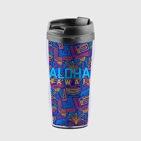 Термокружка-непроливайка с принтом ALOHA HAWAII | АЛОХА ГАВАЙИ в городе Новоалтайск, внутренняя часть — пищевой пластик, наружная часть — прозрачный пластик, между ними — полиграфическая вставка с рисунком | объем — 350 мл, герметичная крышка | Тематика изображения на принте: aloha | aloha hawaii | hawaii | гаваи | гавайи | гавайские маски | индийские маски | маска тики | маски | маски тики | надпись | пальмы | синий | тики