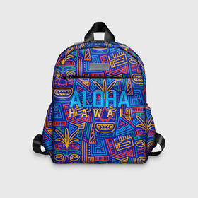 Детский рюкзак 3D с принтом ALOHA HAWAII | АЛОХА ГАВАЙИ в городе Новоалтайск, 100% полиэстер | лямки с регулируемой длиной, сверху петелька, чтобы рюкзак можно было повесить на вешалку. Основное отделение закрывается на молнию, как и внешний карман. Внутри дополнительный карман. По бокам два дополнительных кармашка | Тематика изображения на принте: aloha | aloha hawaii | hawaii | гаваи | гавайи | гавайские маски | индийские маски | маска тики | маски | маски тики | надпись | пальмы | синий | тики