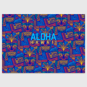 Поздравительная открытка с принтом ALOHA HAWAII | АЛОХА ГАВАЙИ в городе Новоалтайск, 100% бумага | плотность бумаги 280 г/м2, матовая, на обратной стороне линовка и место для марки
 | Тематика изображения на принте: aloha | aloha hawaii | hawaii | гаваи | гавайи | гавайские маски | индийские маски | маска тики | маски | маски тики | надпись | пальмы | синий | тики
