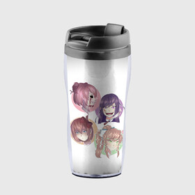 Термокружка-непроливайка с принтом Doki Doki Literature Club в городе Новоалтайск, внутренняя часть — пищевой пластик, наружная часть — прозрачный пластик, между ними — полиграфическая вставка с рисунком | объем — 350 мл, герметичная крышка | anime | doki doki literature club | monika | natsuki | sayori | yuri | аниме | доки доки | доки доки литературный клуб | моника | нацуки | саёри | юри
