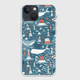 Чехол для iPhone 13 mini с принтом Море и его жители в городе Новоалтайск,  |  | Тематика изображения на принте: киты | кораллы | маяк | море | морская тема | морские символы | паттерн | чайка