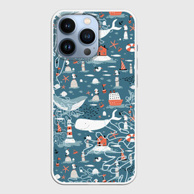 Чехол для iPhone 13 Pro с принтом Море и его жители в городе Новоалтайск,  |  | киты | кораллы | маяк | море | морская тема | морские символы | паттерн | чайка
