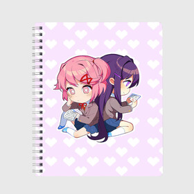 Тетрадь с принтом Chibi Natsuki and Yuri в городе Новоалтайск, 100% бумага | 48 листов, плотность листов — 60 г/м2, плотность картонной обложки — 250 г/м2. Листы скреплены сбоку удобной пружинной спиралью. Уголки страниц и обложки скругленные. Цвет линий — светло-серый
 | Тематика изображения на принте: ddlc | doki doki literature club | natsuki | yuri | натсуки | нацуки | юри