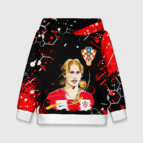 Детская толстовка 3D с принтом ЛУКА МОДРИЧ LUKA MODRIC в городе Новоалтайск, 100% полиэстер | двухслойный капюшон со шнурком для регулировки, мягкие манжеты на рукавах и по низу толстовки, спереди карман-кенгуру с мягким внутренним слоем | Тематика изображения на принте: football | luka modric | real madrid. | sport | лука модрич | реал мадрид | сборная хорватии | спорт | футбол