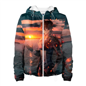 Женская куртка 3D с принтом Tartaglia art в городе Новоалтайск, ткань верха — 100% полиэстер, подклад — флис | прямой крой, подол и капюшон оформлены резинкой с фиксаторами, два кармана без застежек по бокам, один большой потайной карман на груди. Карман на груди застегивается на липучку | Тематика изображения на принте: art | fanart | game | genshin | impact | tartaglia | тарталья