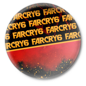 Значок с принтом Far Cry 6 в городе Новоалтайск,  металл | круглая форма, металлическая застежка в виде булавки | Тематика изображения на принте: far cry 6 | дым | игра | капли | лого | надпись | частицы