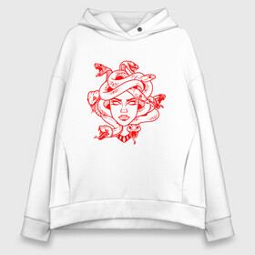 Женское худи Oversize хлопок с принтом Tattoo T-shirt Medusa Red в городе Новоалтайск, френч-терри — 70% хлопок, 30% полиэстер. Мягкий теплый начес внутри —100% хлопок | боковые карманы, эластичные манжеты и нижняя кромка, капюшон на магнитной кнопке | minimal | tattoo | медуза | минимализм | мифология | тату