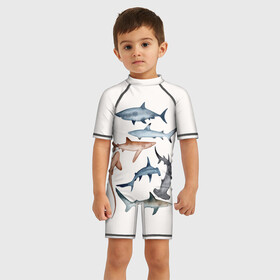 Детский купальный костюм 3D с принтом акулы в городе Новоалтайск, Полиэстер 85%, Спандекс 15% | застежка на молнии на спине | ocean | sea | sea animal | акулы | графика | море | океан | рисунок