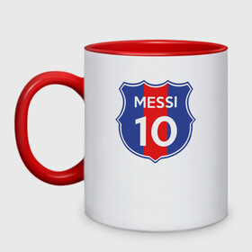 Кружка двухцветная с принтом Lionel Messi 10 эмблема с флагом в городе Новоалтайск, керамика | объем — 330 мл, диаметр — 80 мм. Цветная ручка и кайма сверху, в некоторых цветах — вся внутренняя часть | Тематика изображения на принте: argentina | barca | barcelona | fc barcelona | lionel messi | spain | sport | uefa | аргентина | барса | барселона | золотой мяч | игрок | испания | камп ноу | лео месси | лионель месси | мяч | спорт | тренер | уефа 
