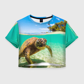 Женская футболка Crop-top 3D с принтом Морская черепашка в городе Новоалтайск, 100% полиэстер | круглая горловина, длина футболки до линии талии, рукава с отворотами | отдых | пляж | черепашка под водой