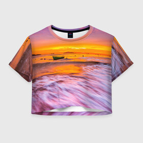 Женская футболка Crop-top 3D с принтом Закат на пляже в городе Новоалтайск, 100% полиэстер | круглая горловина, длина футболки до линии талии, рукава с отворотами | закат | лето | лодка на берегу | пляж