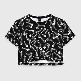 Женская футболка Crop-top 3D с принтом Fishbones в городе Новоалтайск, 100% полиэстер | круглая горловина, длина футболки до линии талии, рукава с отворотами | bone | fish | fishbone | дохлая рыба | кости | кость | море | паттерн | рыбий скелет | рыбки | рыбы | скелет