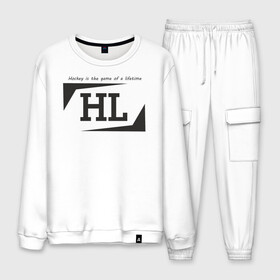 Мужской костюм хлопок с принтом Hockey life / HL logo в городе Новоалтайск, 100% хлопок | на свитшоте круглая горловина, мягкая резинка по низу. Брюки заужены к низу, на них два вида карманов: два “обычных” по бокам и два объемных, с клапанами, расположенные ниже линии бедра. Брюки с мягкой трикотажной резинкой на поясе и по низу штанин. В поясе для дополнительного комфорта — широкие завязки | Тематика изображения на принте: hl | hockey | logo | play off | sport | хоккей