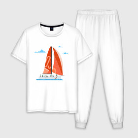 Мужская пижама хлопок с принтом КРАСНЫЙ ПАРУСНИК | RED SAILBOAT (Z) в городе Новоалтайск, 100% хлопок | брюки и футболка прямого кроя, без карманов, на брюках мягкая резинка на поясе и по низу штанин
 | boat | sailboat | ship | ships | кораблик | кораблики | корабль | красный парус | лодка | лодочка | лодочка на белом | мореход | одинокая лодка | парус | парусник | судно | яхта | яхты