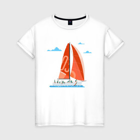 Женская футболка хлопок с принтом КРАСНЫЙ ПАРУСНИК | RED SAILBOAT (Z) в городе Новоалтайск, 100% хлопок | прямой крой, круглый вырез горловины, длина до линии бедер, слегка спущенное плечо | boat | sailboat | ship | ships | кораблик | кораблики | корабль | красный парус | лодка | лодочка | лодочка на белом | мореход | одинокая лодка | парус | парусник | судно | яхта | яхты