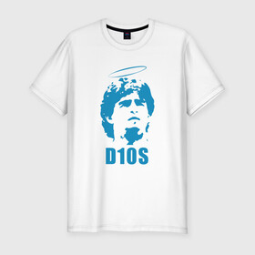Мужская футболка хлопок Slim с принтом Dios Maradona в городе Новоалтайск, 92% хлопок, 8% лайкра | приталенный силуэт, круглый вырез ворота, длина до линии бедра, короткий рукав | argentina | maradona | messi | sport | аргентина | гол | диего | марадона | месси | мяч | рука бога | спорт | футбол | чемпион