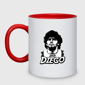 Кружка двухцветная с принтом Dios Diego в городе Новоалтайск, керамика | объем — 330 мл, диаметр — 80 мм. Цветная ручка и кайма сверху, в некоторых цветах — вся внутренняя часть | argentina | maradona | messi | sport | аргентина | гол | диего | марадона | месси | мяч | рука бога | спорт | футбол | чемпион