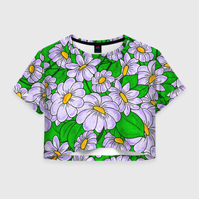 Женская футболка Crop-top 3D с принтом Цветы Лавандовые ромашки в городе Новоалтайск, 100% полиэстер | круглая горловина, длина футболки до линии талии, рукава с отворотами | chamomile | flowers | summer | акварельные | бабочки | бутоны | весна | ветки | дача | девушкам | красочные | лепестки | лес | летний | лето | листья | отпуск | поляна | природа | растения | ромашки | сад | солнце