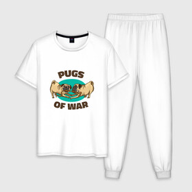 Мужская пижама хлопок с принтом Pugs of War - Мопсы войны в городе Новоалтайск, 100% хлопок | брюки и футболка прямого кроя, без карманов, на брюках мягкая резинка на поясе и по низу штанин
 | Тематика изображения на принте: art | cute pugs | english | funny art | game | god of war | parody | pug | английская надпись | год оф вар | игра | иллюстрация | канат | милые мопсы | мопс | мопсики | пародия | перетягивание каната | прикол | пуг | пугель | рисунок