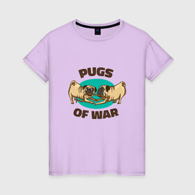 Женская футболка хлопок с принтом Pugs of War - Мопсы войны в городе Новоалтайск, 100% хлопок | прямой крой, круглый вырез горловины, длина до линии бедер, слегка спущенное плечо | art | cute pugs | english | funny art | game | god of war | parody | pug | английская надпись | год оф вар | игра | иллюстрация | канат | милые мопсы | мопс | мопсики | пародия | перетягивание каната | прикол | пуг | пугель | рисунок