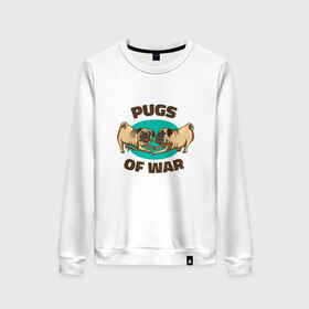 Женский свитшот хлопок с принтом Pugs of War - Мопсы войны в городе Новоалтайск, 100% хлопок | прямой крой, круглый вырез, на манжетах и по низу широкая трикотажная резинка  | art | cute pugs | english | funny art | game | god of war | parody | pug | английская надпись | год оф вар | игра | иллюстрация | канат | милые мопсы | мопс | мопсики | пародия | перетягивание каната | прикол | пуг | пугель | рисунок