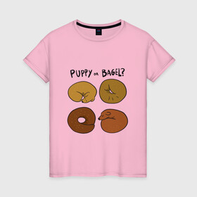 Женская футболка хлопок с принтом Puppy or Bagel Щенок или Бейгл в городе Новоалтайск, 100% хлопок | прямой крой, круглый вырез горловины, длина до линии бедер, слегка спущенное плечо | Тематика изображения на принте: art | beagle | cute puppy | english | food | funny art | английская надпись | багел | бигль | бублик | выпечка | год оф вар | еда | иллюстрация | пёсики | прикол | рисунок | рогалик | собака | собачки | щенки | щенки клубочком