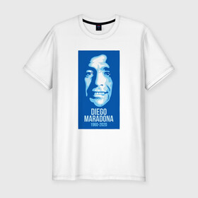 Мужская футболка хлопок Slim с принтом Super Maradona в городе Новоалтайск, 92% хлопок, 8% лайкра | приталенный силуэт, круглый вырез ворота, длина до линии бедра, короткий рукав | Тематика изображения на принте: argentina | maradona | messi | sport | аргентина | гол | диего | марадона | месси | мяч | рука бога | спорт | футбол | чемпион