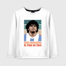 Детский лонгслив хлопок с принтом Maradona - El Pibe De Oro в городе Новоалтайск, 100% хлопок | круглый вырез горловины, полуприлегающий силуэт, длина до линии бедер | argentina | maradona | messi | sport | аргентина | гол | диего | марадона | месси | мяч | рука бога | спорт | футбол | чемпион