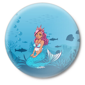Значок с принтом Mermaid | Русалка | Русалочка в городе Новоалтайск,  металл | круглая форма, металлическая застежка в виде булавки | Тематика изображения на принте: mermaid | naiad | nymph | rusalka | ведява | водяница | восточнославянская мифология | дух | лесовица | мифология | морская дева | нимфа | русал | русалии | русалка | русалочка | ундина | фараонка