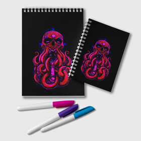 Блокнот с принтом Череп Осьминог Octopus Skull в городе Новоалтайск, 100% бумага | 48 листов, плотность листов — 60 г/м2, плотность картонной обложки — 250 г/м2. Листы скреплены удобной пружинной спиралью. Цвет линий — светло-серый
 | Тематика изображения на принте: animal | beast | kraken | monster | ocean | octopus | sea | skull | water | waves | вода | животные | звери | кракен | монстр | море | океан | осьминог | рыбы | череп | щупальца