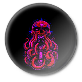 Значок с принтом Череп Осьминог Octopus Skull в городе Новоалтайск,  металл | круглая форма, металлическая застежка в виде булавки | animal | beast | kraken | monster | ocean | octopus | sea | skull | water | waves | вода | животные | звери | кракен | монстр | море | океан | осьминог | рыбы | череп | щупальца