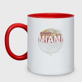 Кружка двухцветная с принтом Miami в городе Новоалтайск, керамика | объем — 330 мл, диаметр — 80 мм. Цветная ручка и кайма сверху, в некоторых цветах — вся внутренняя часть | miami | крокодил | майами | маями | море | отдых | пальмы | пляж | турист