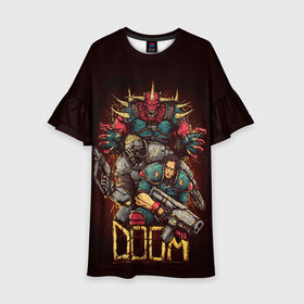 Детское платье 3D с принтом DOOM в городе Новоалтайск, 100% полиэстер | прямой силуэт, чуть расширенный к низу. Круглая горловина, на рукавах — воланы | Тематика изображения на принте: blood | cybersport | demons | doom | eternal | game | monster | pc | playstation | shooting | демоны | дум | игры | киперспорт | кровь | монстры | стрелялки | шутер