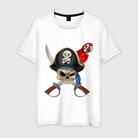 Мужская футболка хлопок с принтом Капитан Джек в городе Новоалтайск, 100% хлопок | прямой крой, круглый вырез горловины, длина до линии бедер, слегка спущенное плечо. | Тематика изображения на принте: меч | пират | попугай
