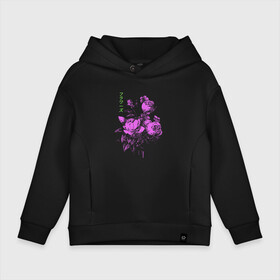 Детское худи Oversize хлопок с принтом Purple flowers в городе Новоалтайск, френч-терри — 70% хлопок, 30% полиэстер. Мягкий теплый начес внутри —100% хлопок | боковые карманы, эластичные манжеты и нижняя кромка, капюшон на магнитной кнопке | flowers | иероглифы | надпись на японском | природа | растение | роза | цветочки | цветы
